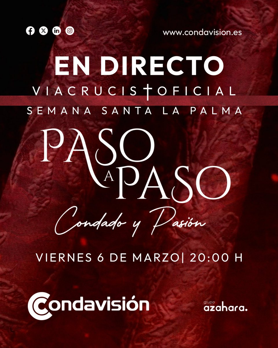 Condavision's tweet image. "𝑷𝒂𝒔𝒐 𝒂 𝒑𝒂𝒔𝒐... 𝑪𝒐𝒏𝒅𝒂𝒅𝒐 𝒚 𝑷𝒂𝒔𝒊𝒐́𝒏"

🔴𝙴𝙽 𝙳𝙸𝚁𝙴𝙲𝚃𝙾| El próximo viernes 5 marzo, 𝑪𝒐𝒏𝒅𝒂𝒗𝒊𝒔𝒊𝒐́𝒏 estará en 𝑽𝒊𝒂 𝑪𝒓𝒖𝒄𝒊𝒔 𝑶𝒇𝒊𝒄𝒊𝒂𝒍 𝒅𝒆 𝑳𝒂 𝑷𝒂𝒍𝒎𝒂 𝒅𝒆𝒍 𝑪𝒐𝒏𝒅𝒂𝒅𝒐

#Condavisión #Pasoapaso #Cuaresma #Condado #LaPalma