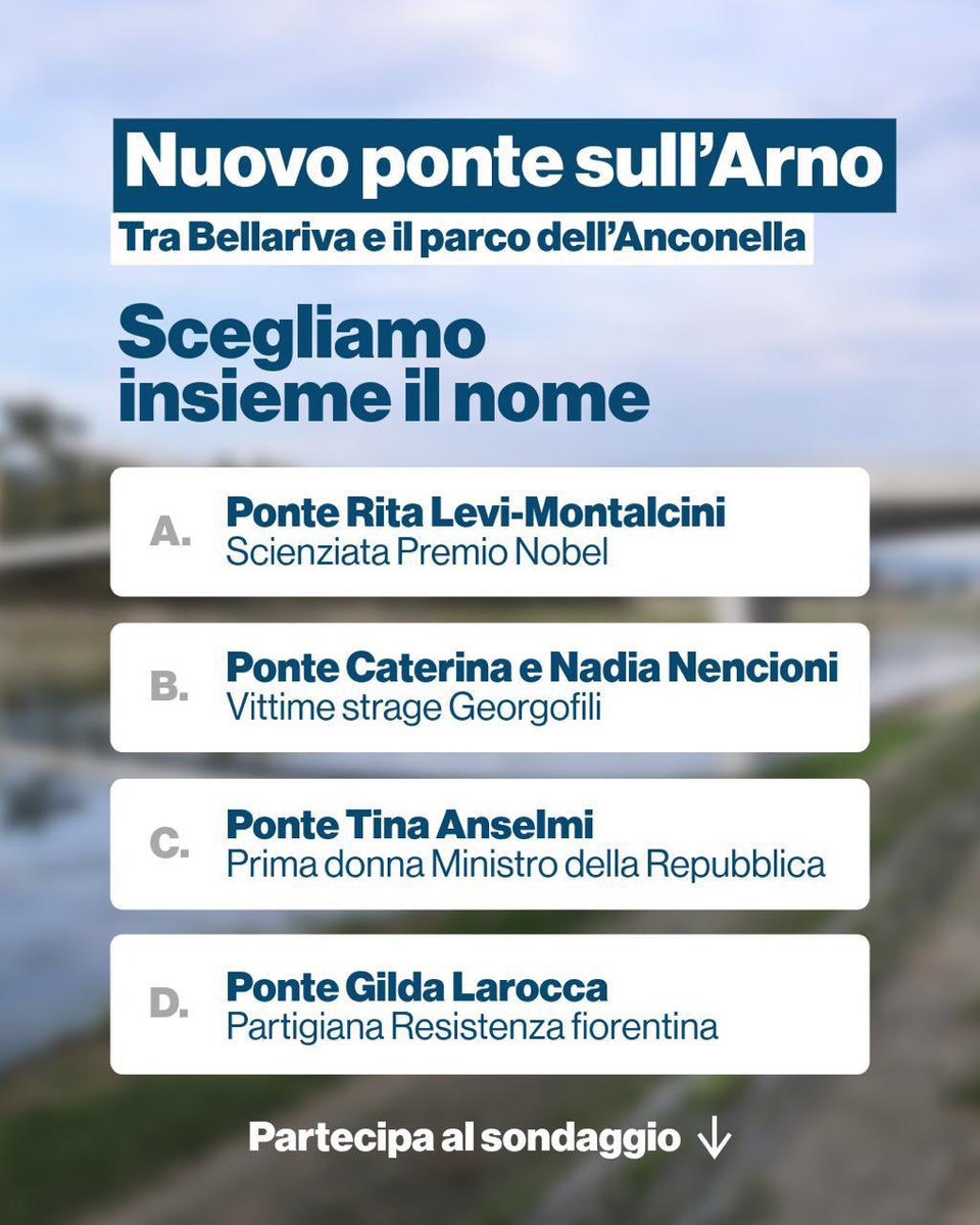 comunefi's tweet image. ➡️ Partecipa al sondaggio per scegliere il nome del nuovo ponte sull’Arno:
👉 instagram.com/p/DVOi_5piCq8/…

#Firenze #Ponte #Sondaggio #ScegliIlNome