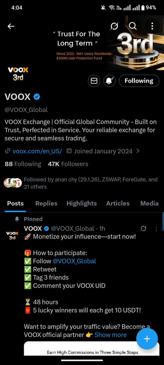Joined! 🎁 <a href="/VOOX_Global/">VOOX</a> is doing a great job with this giveaway. I've followed, retweeted, and tagged my friends. Fingers crossed! 🤞
VOOX UID: 51543736
My friends: <a href="/Cryptoahan/">anan chy (29.1.26)</a> <a href="/Awrafchowdhury/">Awraf</a> <a href="/Habibcrypto11/">Habib</a>