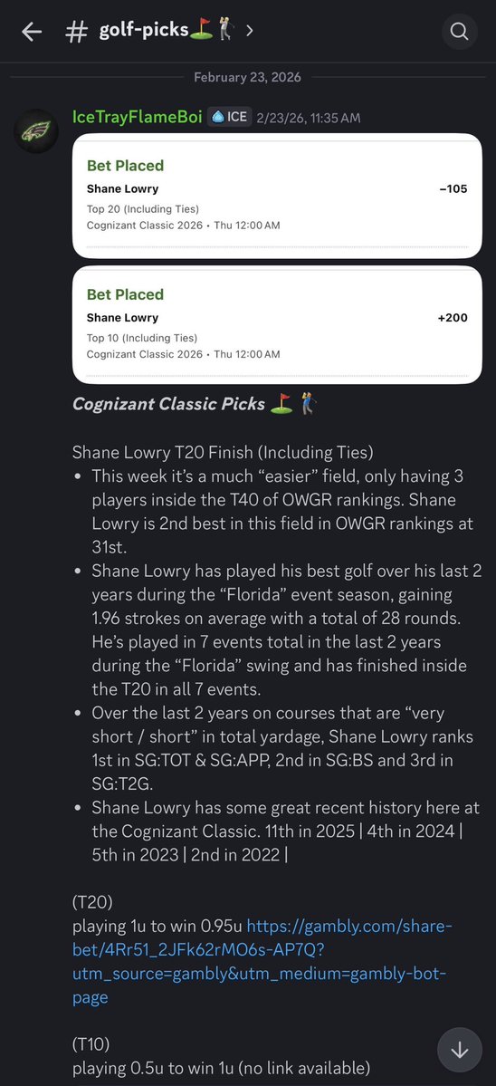 _IcyPicks's tweet image. Shane Lowry does exactly what we needed of him &amp;amp; finishes inside the T10 &amp;amp; T20! 3 weeks in a row of green from golf!🥂✅ 

Join the FREE discord for all of my picks! discord.gg/jJHACHhrKd

#GamblingX #GamblingTwitter #PGA #PGATour #CognizantClassic #ShaneLowry #TigerWoods #TGL