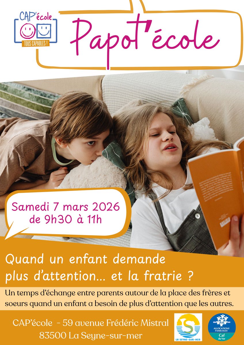 ☕ Papot’école – Et la fratrie dans tout ça ?

Quand un enfant demande plus d’attention, les frères et sœurs ont aussi leur vécu.
Un temps d’échange entre parents
📅 7 mars | 9h30–11h
📍 La Seyne-sur-Mer
🔗 forms.gle/uq5MpvqvU751te…

#CAPecole #Fratrie #Parents #handicap #LaSeyne