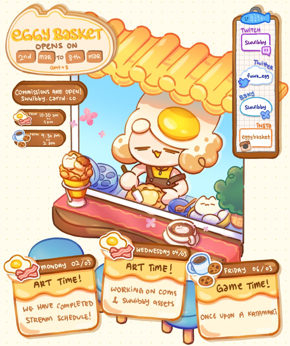🌻Eggy Schedule [ 02/03 - 08/03 ] gmt+8🍳
Our schedule is finally done waw!!!
hope it is understandable 🥺

☕️twitch.tv/swuibby🥐

#EggybasketOpen #envtuber #sgvtuber