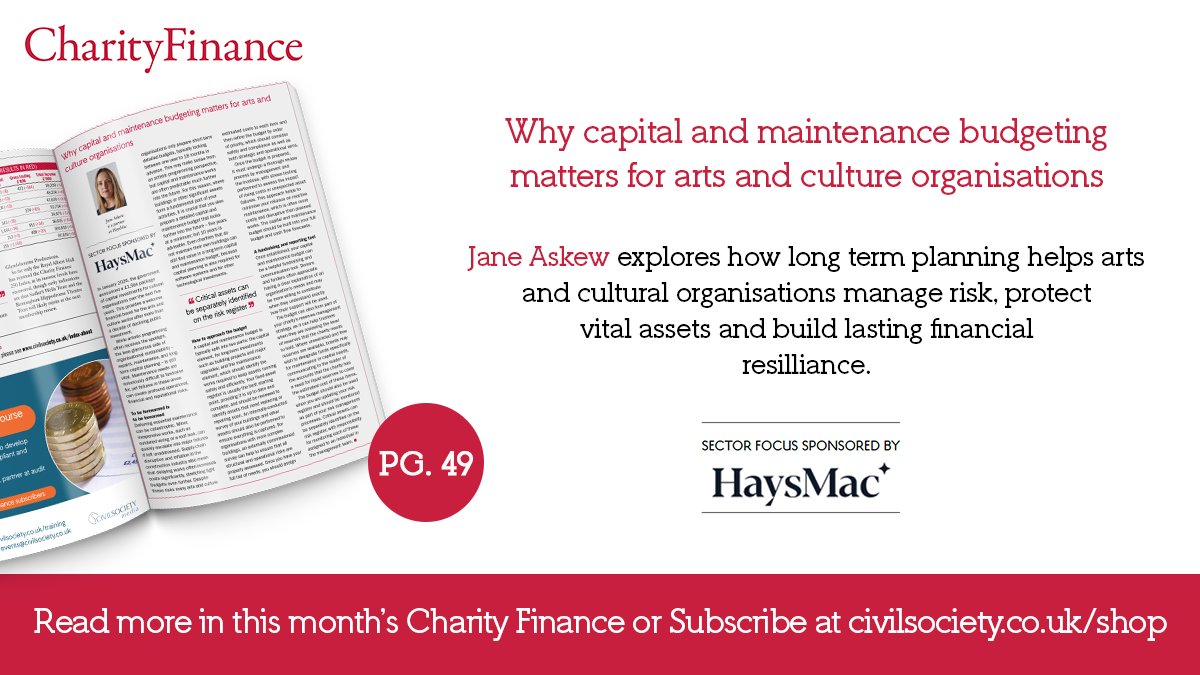 CivilSocietyUK's tweet photo. In this month’s Charity Finance, Jane Askew at @HaysMac explores how long-term planning helps arts and culture organisations manage risk, protect vital assets and strengthen financial resilience.

Get your copy now at https://t.co/IDczj8rafW https://t.co/Oz5VyUc5h1