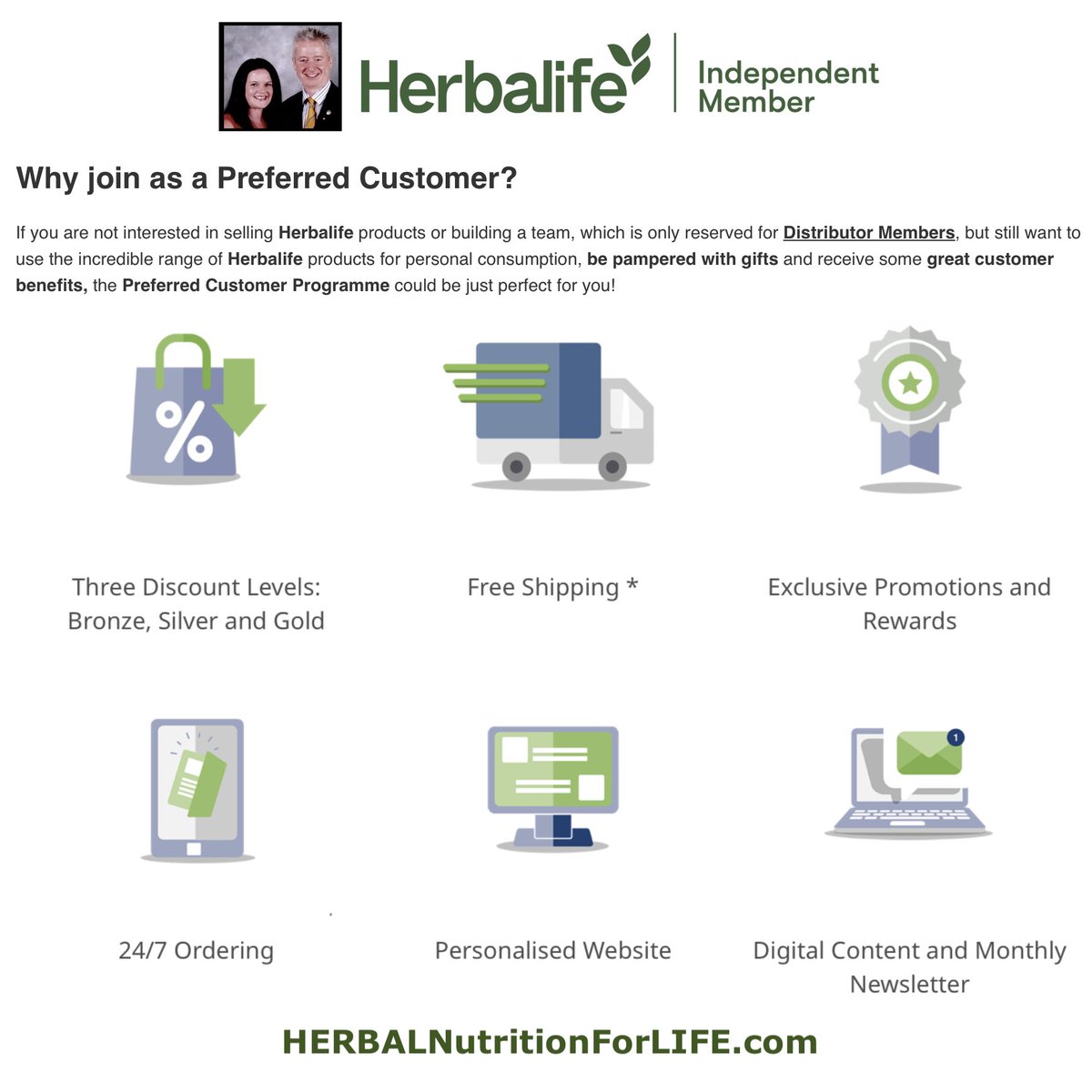 Herbs4LifeUK's tweet photo. 🌿 Join us as a Herbalife Preferred Customer &amp; get a minimum of 25% discount on your favourite products for life! 

3 discount levels: Bronze (15%), Silver (25%) and Gold (35%)

Join us TODAY!

🛒 https://t.co/VqEJGVfS7F

#herbalife #herbalifenutrition #herbalifepreferredcustomer https://t.co/xUczdSPBI0