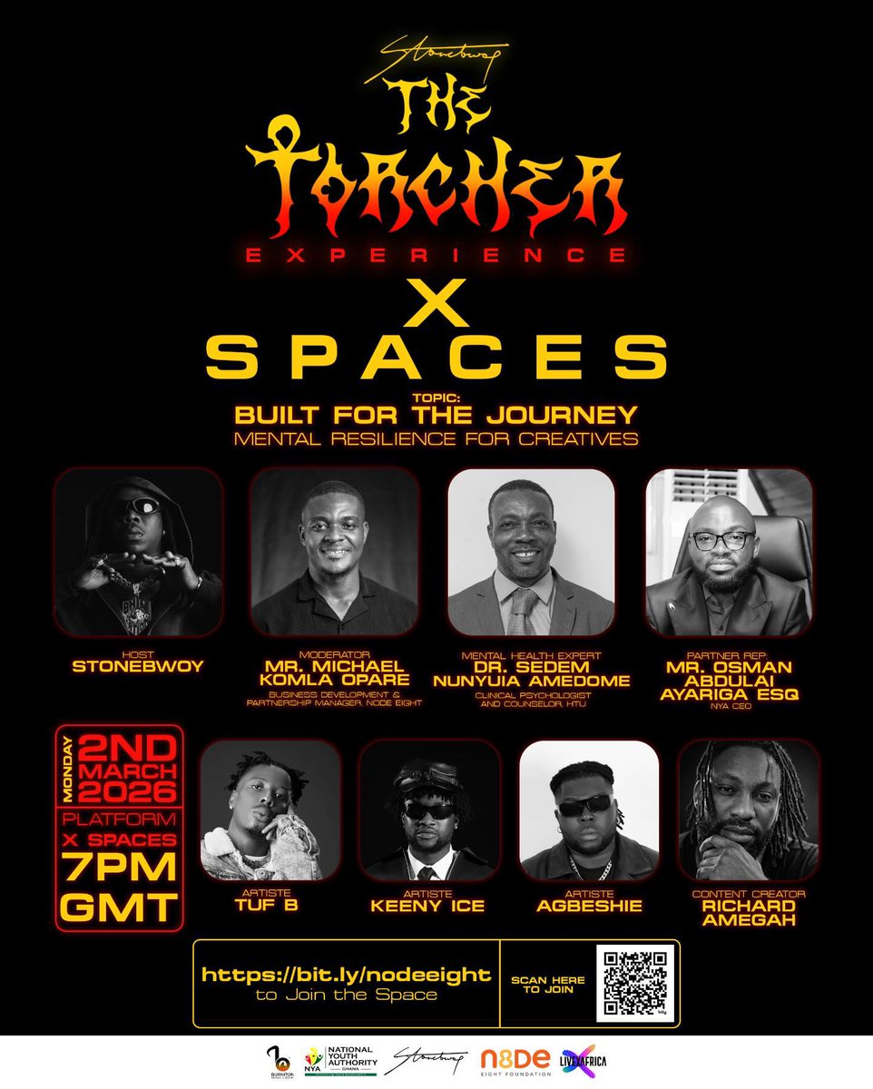 join <a href="/stonebwoy/">THE TORCHER</a> and key industry voices for the Torcher Experience X Spaces on:

Built for the Journey: Mental Resilience for Young Creatives

March 2 | 7PM GMT

Success is visible. The pressure isn’t.
Let’s talk about it.

#TorcherExperience #MentalResilience #CreativeCulture