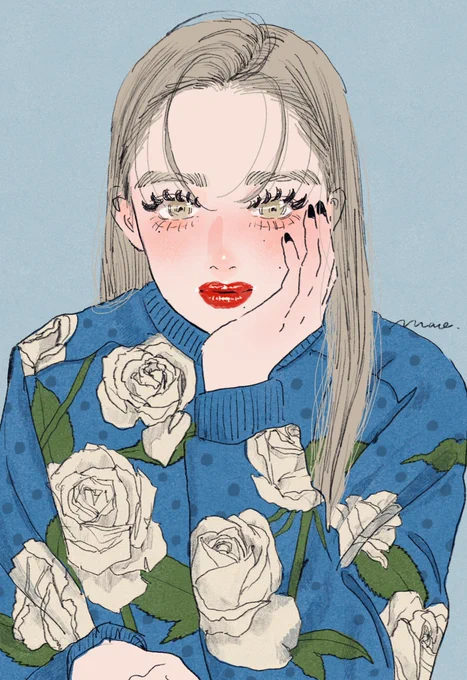 ハンサムな彼女と 薔薇のブルーニット。