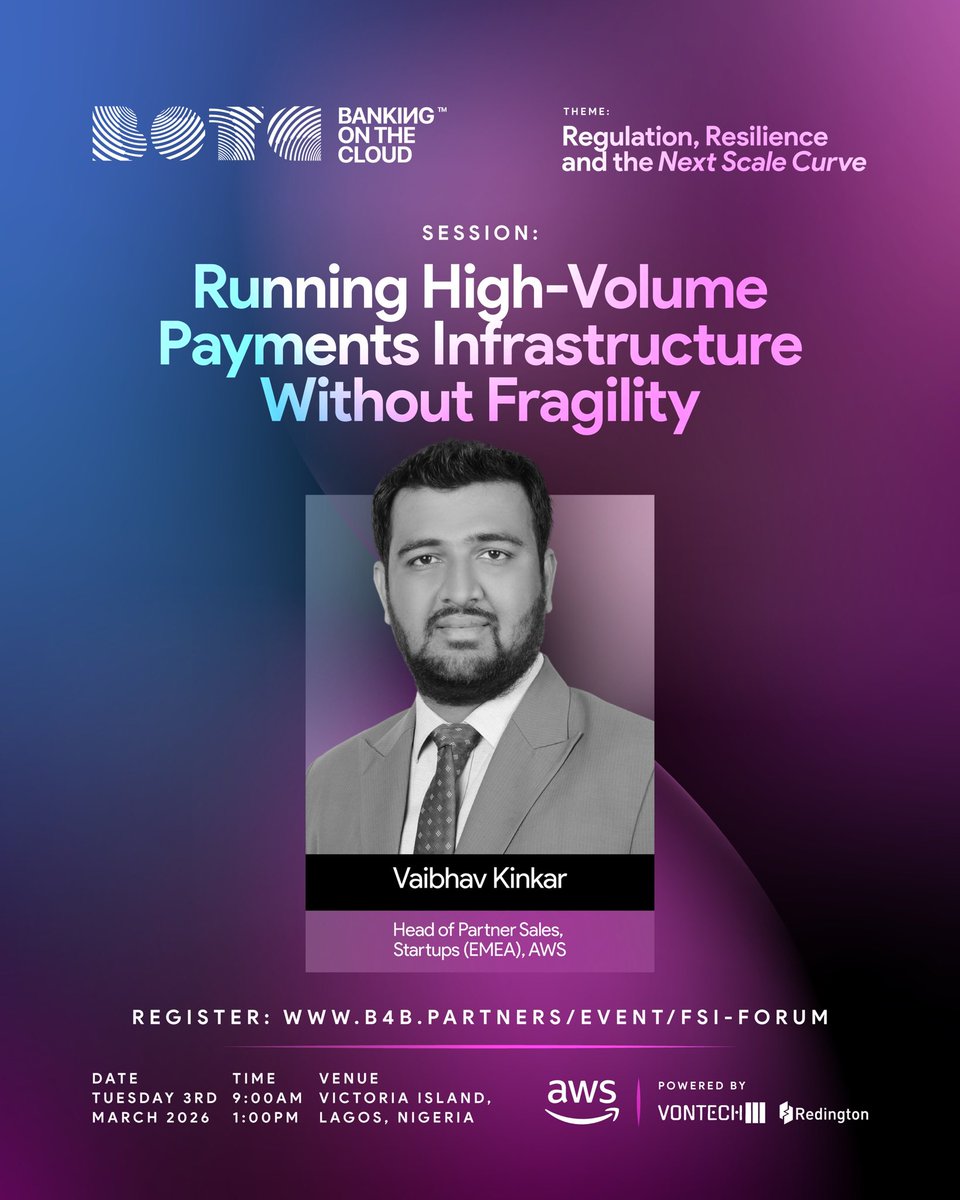 Vontechgroup's tweet photo. Startups move fast, but without resilient infrastructure, speed becomes failure.

Vaibhav Kinkar, AWS Partner Sales Lead for Startups EMEA, joins the fireside chat:
“Running High-Volume Payments Infrastructure Without Fragility” on March 3.

Join us : https://t.co/UA4e4hKhCS https://t.co/TfT1RNQSMd