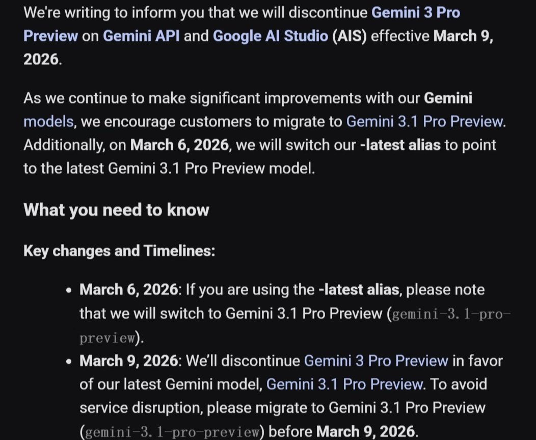 kexicheng's tweet image. On February 19th, Google released Gemini 3.1 Pro. On March 9th, just 18 days later, they will retire the Gemini 3 Pro API.

For any developer or user who built a workflow, creative process, or application on 3 Pro, there is no adequate window to test whether 3.1 performs