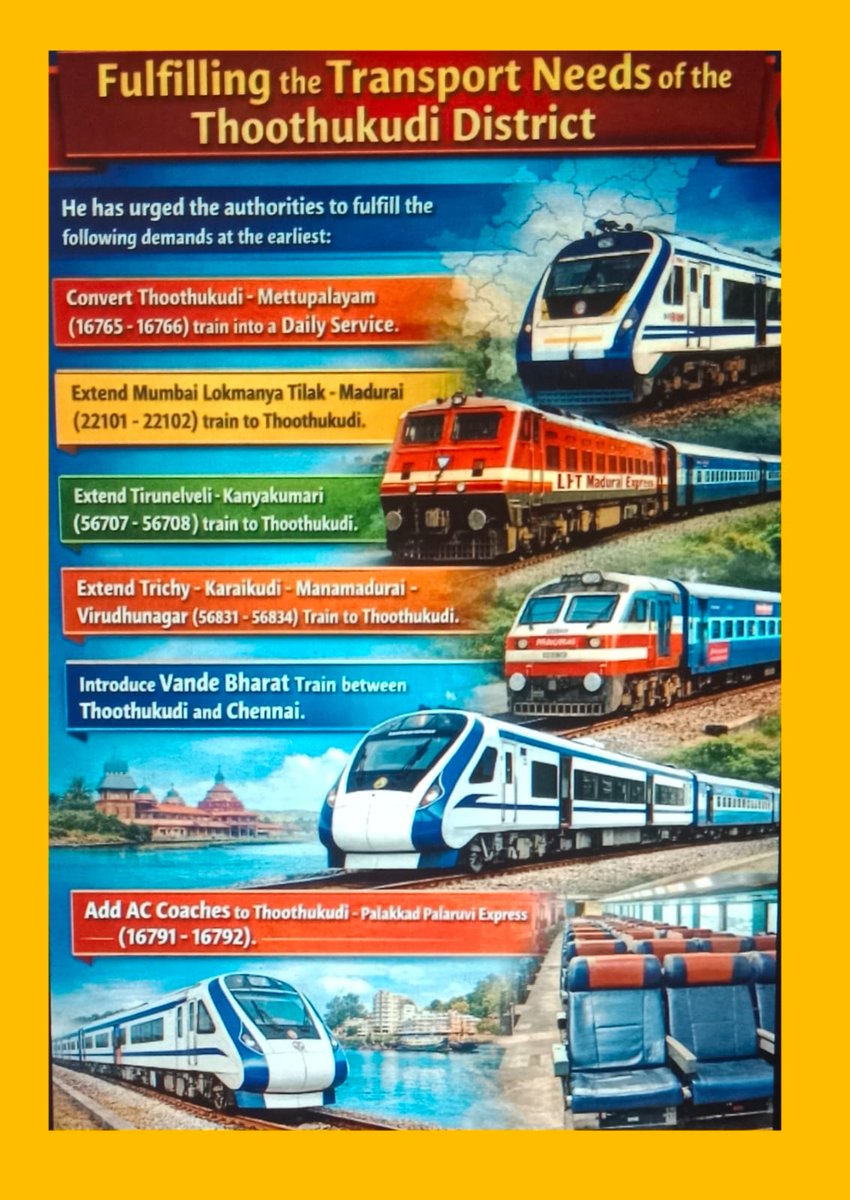 jithindhu's tweet photo. Thoothukudi is a major Port City with growing industrial &amp; export activities.
More passenger trains are essential for economic growth and public convenience.
Kindly consider additional services. @southernrailway 
@KanimozhiDMK 
@DrLMurugan 
@drmbct https://t.co/atY9TWoVmD