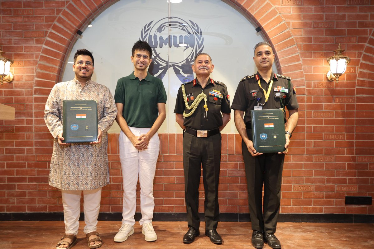 iimunofficial's tweet photo. The Indian Army @adgpi: @CUNPKIndia &amp; @iimunofficial signed an MoU to share leadership &amp; conflict management training materials, impacting 150,000+ educational institutions. It was signed in presence of COAS Gen Upendra Dwivedi and I.I.M.U.N. Founder Rishabh Shah. #IndianArmy #UN https://t.co/wMhF6J85Kv