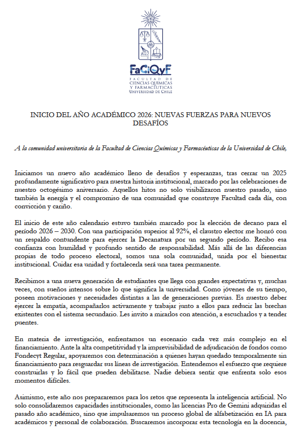 faciqyf's tweet photo. Mensaje por "Inicio del año académico 2026: Nuevas fuerzas para nuevos desafíos" @faciqyf @uchile https://t.co/f8Mx3Y4mjd https://t.co/koZB4gqfcG