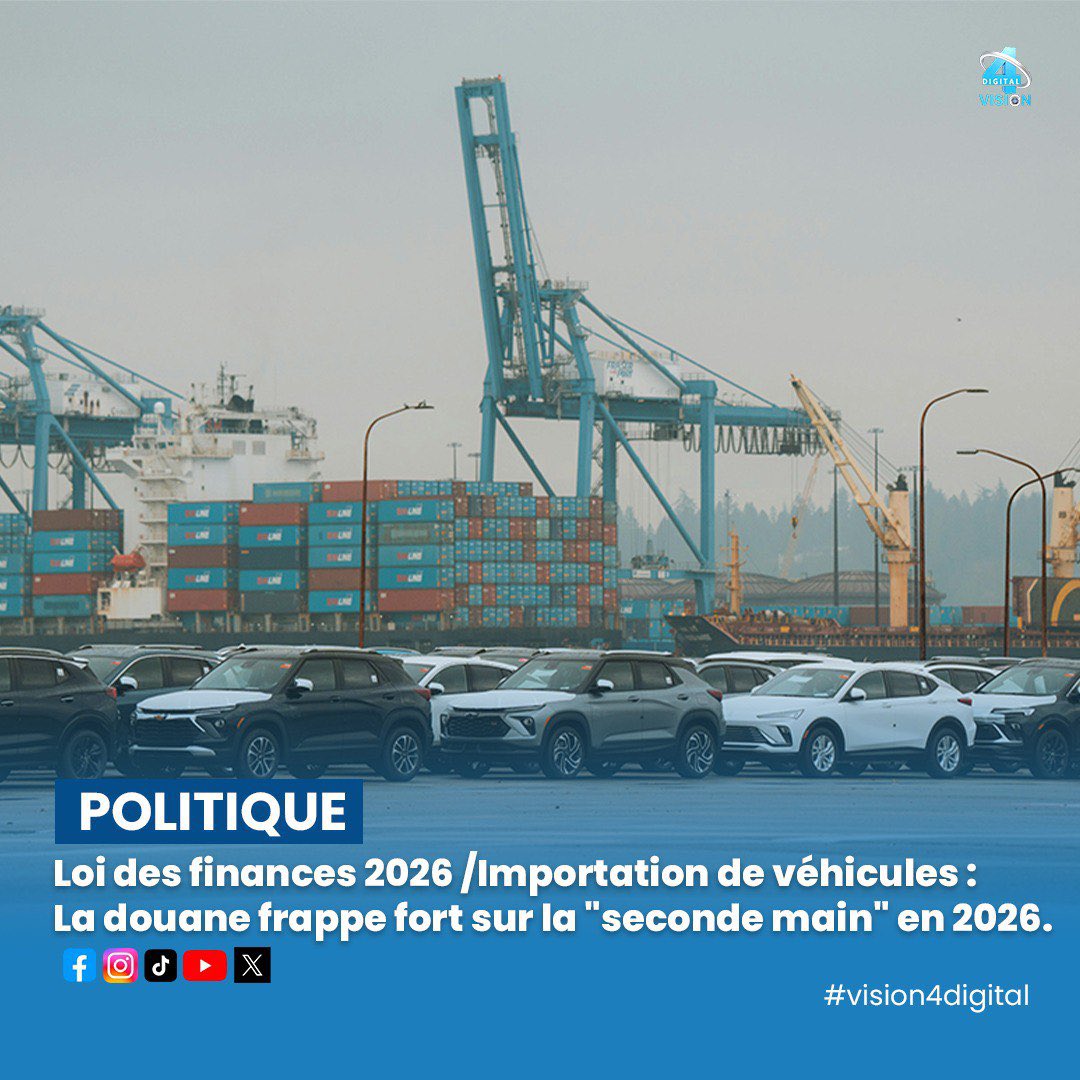 vision4_tv's tweet image. Loi de #finances 2026 🇨🇲 : la douane durcit le ton contre les véhicules d’occasion 🚗⚖️

👉 12,5 % de droit d’assise pour les voitures de 13 à 20 ans 
👉 25 % pour celles de plus de 20 ans

Objectif : freiner l’importation des modèles trop anciens et rajeunir le parc auto