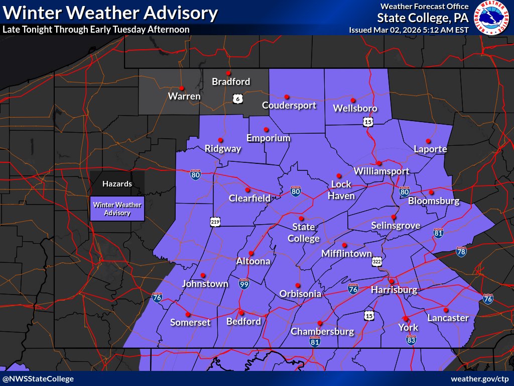NWSStateCollege's tweet photo. A wintry mix will overspread the region late tonight into Tuesday morning. A light glaze to 0.15" of ice is expected for most of Central PA. #PAwx https://t.co/BWZjQIEKac