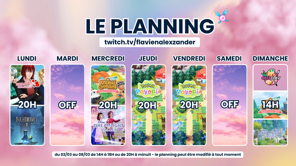 - Voici le Planning Twitch de la semaine !

Avec la FIN de Little Nightmares II et surtout la découverte de Pokémon Pokopia que nous allons découvrir tous ensemble ⚡️ Abonne-toi !

👉🏼 twitch.tv/flavienalexzan…