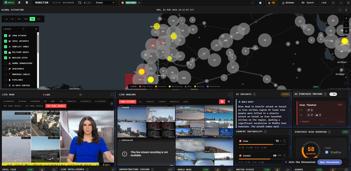 Gusc's tweet photo. Loving the World Monitor app 🌍 Real time insights, super useful currently! Big thanks to @eliehabib for building something that keeps us informed and ahead of the curve! #WorldMonitor https://t.co/IGGahT3Wn3