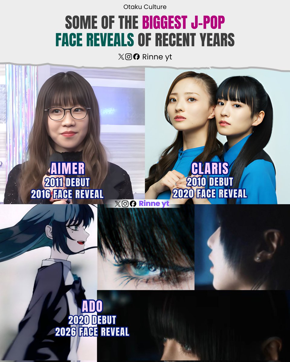 Some of the biggest J-Pop face reveals in recent years 👀🎤

🔹 Aimer – After years of keeping a low profile, she gradually stepped into the spotlight, with one of her first clear TV appearances on Music Station in 2016.

🔹 ClariS – The duo stayed anonymous for a full decade