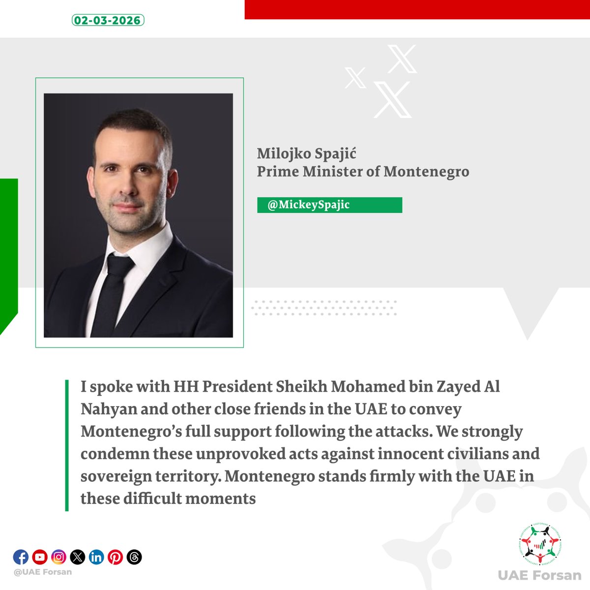 UAE_Forsan's tweet image. Milojko Spajić, Prime Minister of Montenegro: I spoke with HH President Sheikh Mohamed bin Zayed Al Nahyan and other close friends in the UAE to convey Montenegro’s full support following the attacks 
#UAE #UAEisSafe #Montenegro 
#اللهم_احفظ_الإمارات 
@MohamedBinZayed