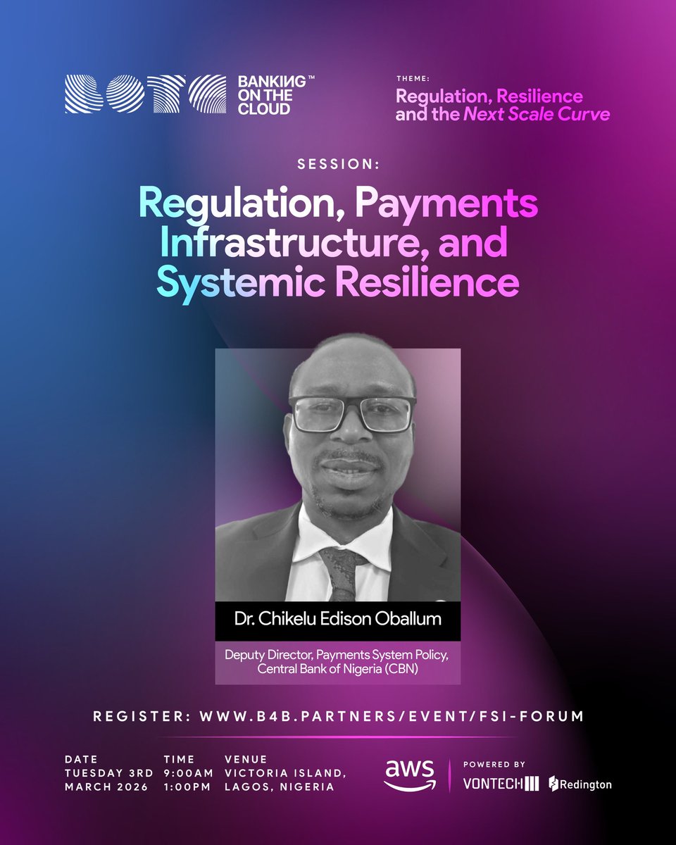 Vontechgroup's tweet photo. Dr. Chikelu Edison Oballum, Deputy Director of Payments System Policy at CBN, speaks on:
“Regulation, Payments Infrastructure &amp; Systemic Resilience” on March 3.

A must-hear conversation for every FSI tech leader.

Register here: https://t.co/UA4e4hKhCS https://t.co/PkTBgb7mn9