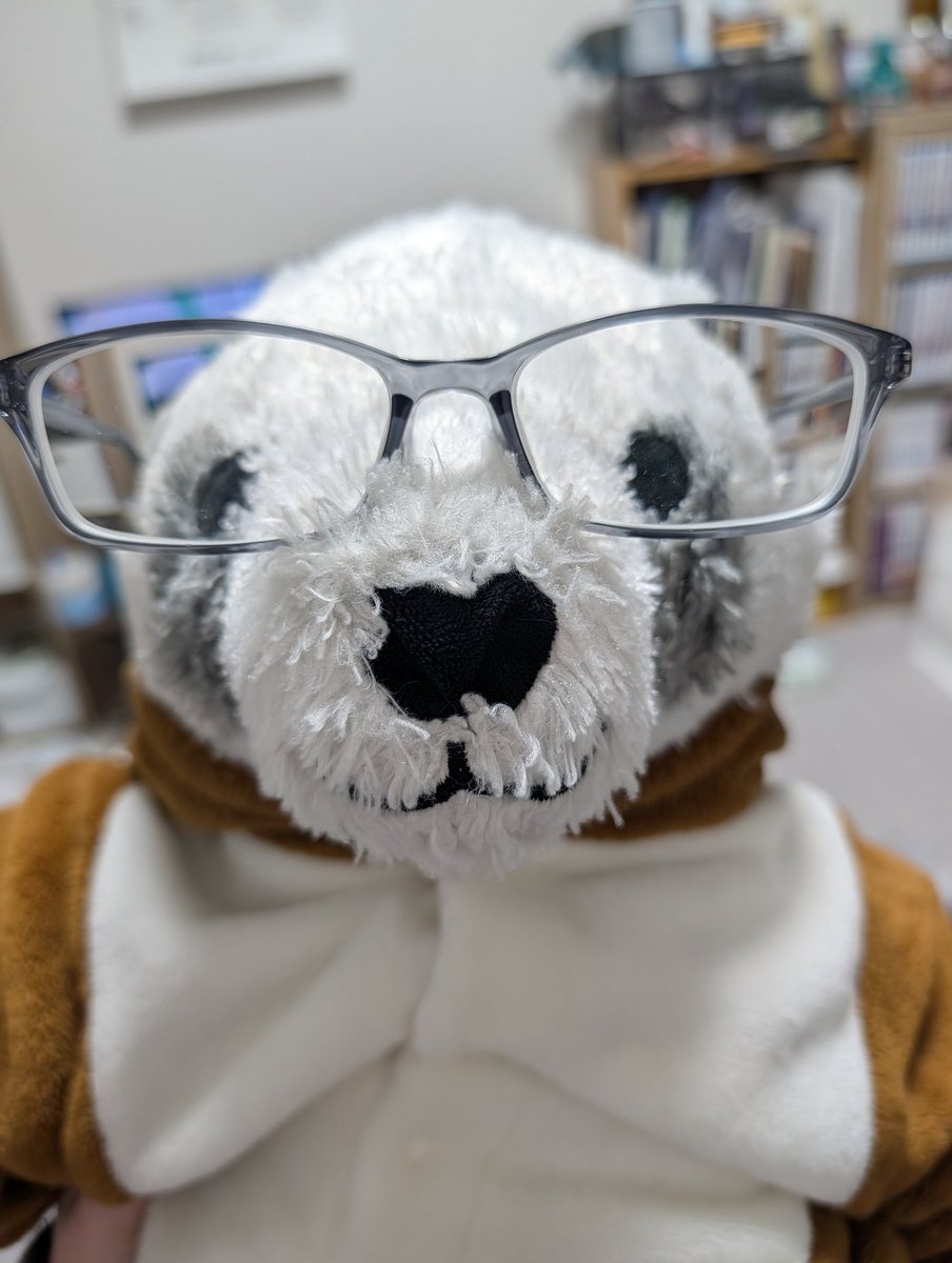 Pupepo08's tweet photo. #ぬい撮り #ぬいぐるみ  
大人用の��ガネをかけてどやってるパンダ(3歳) https://t.co/fBfyM88fR5