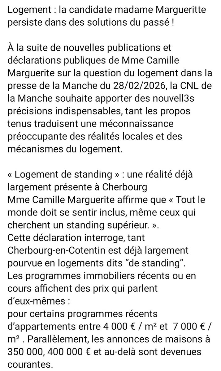 LocatairesPih's tweet photo. Logement à @VilleCherbourg , les propositions de la candidate @MargueritteCam3 ne feront qu'accentuer les problèmes de logement ! @La_CNL de la Manche dénonce une vision passéiste de ces problématiques. 1/2 https://t.co/w6mu3UAHm4
