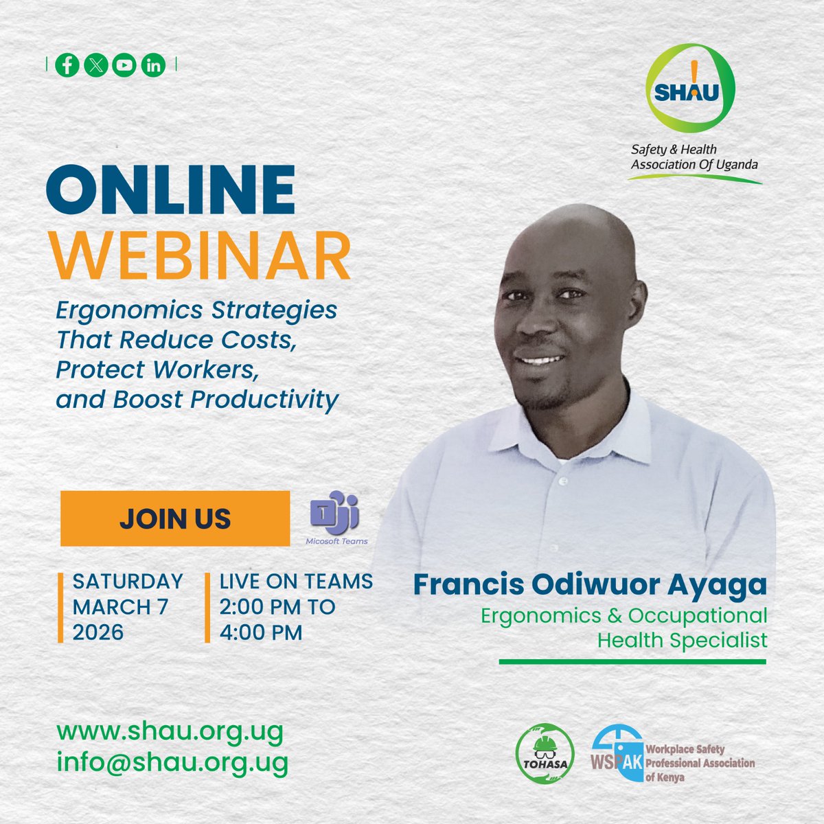 SHAUonline's tweet image. Ergonomics: The Secret to Lower Costs &amp;amp; Higher Productivity 

Learn to reduce injury costs and boost ROI with Francis Ayaga, Certified Ergonomics &amp;amp; OSH Specialist

 Saturday 7-03-2026 | 2:00 PM 
🔗 Register: events.teams.microsoft.com/event/266651b0…

#HSE #WorkplaceSafety  #SafetyFirst