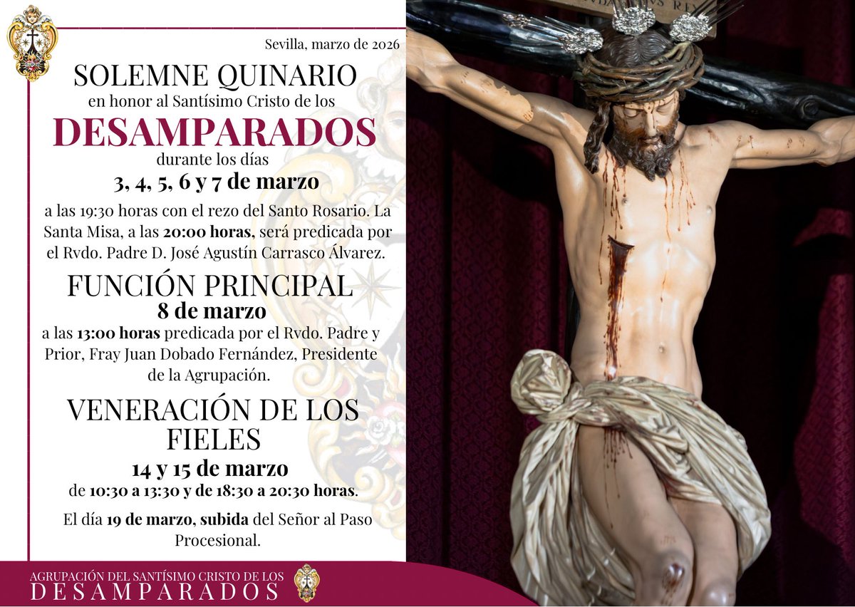 📖 CULTOS • 𝐂𝐮𝐥𝐭𝐨𝐬 𝐞𝐧 𝐡𝐨𝐧𝐨𝐫 𝐚𝐥 𝐒𝐚𝐧𝐭í𝐬𝐢𝐦𝐨 𝐂𝐫𝐢𝐬𝐭𝐨 𝐝𝐞 𝐥𝐨𝐬 𝐃𝐞𝐬𝐚𝐦𝐩𝐚𝐫𝐚𝐝𝐨𝐬 𝟐𝟎𝟐𝟔. 

🔗 En la presente orla se detallan los Cultos en honor a Nuestro Sagrado Titular. 

#DesamparadosySalud