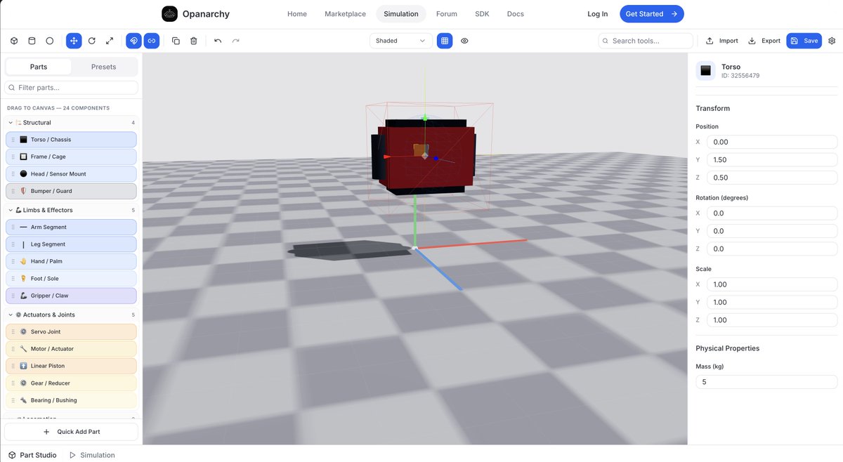 We just shipped drag and drop design for humanoid robots inside Opanarchy.

Just drag, drop and start building your humanoid robot exactly the way you envision it. 

Simulate it and train it in an open world environment, all inside one platform, without switching tools or any