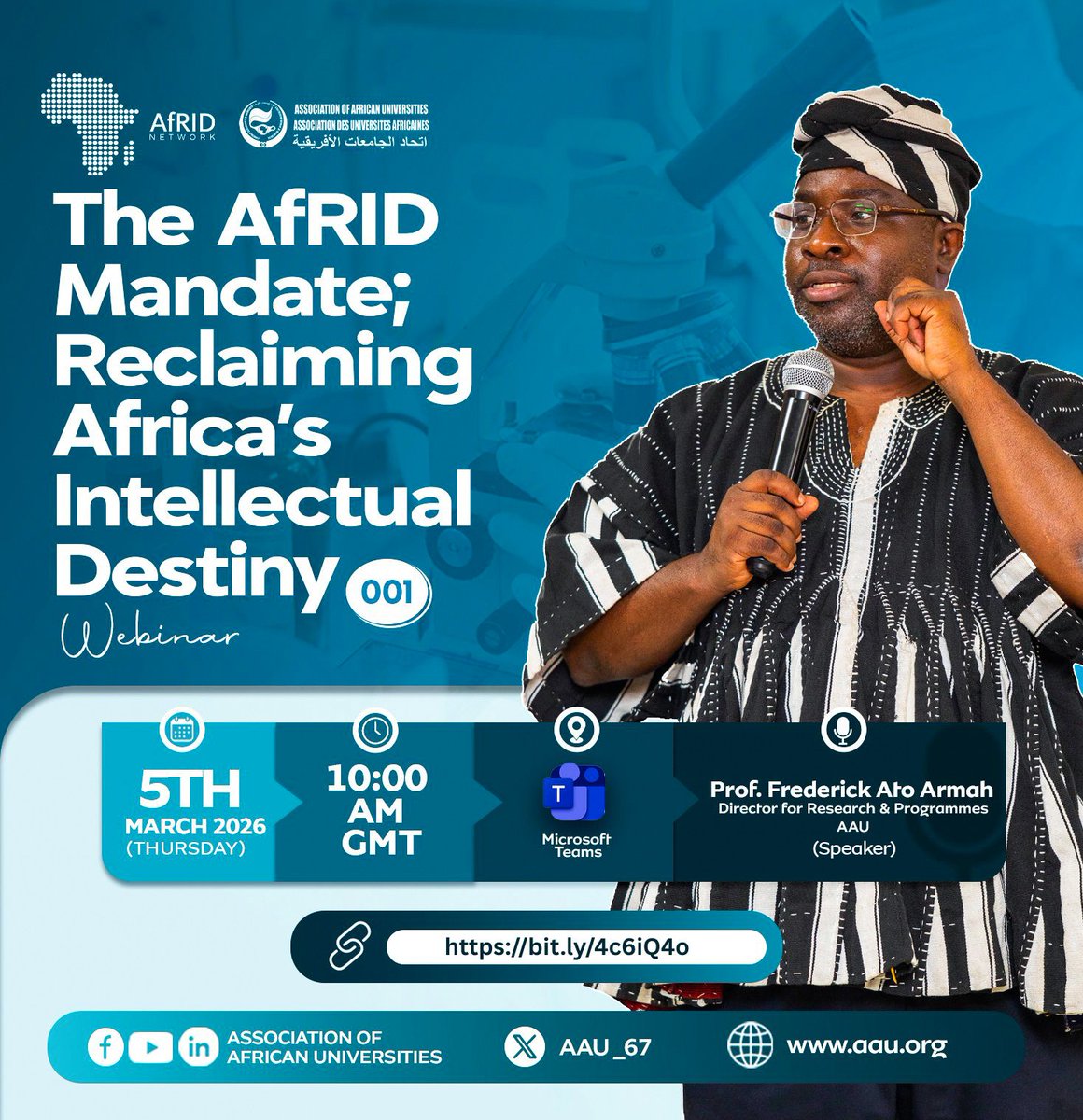 AAU_67's tweet image. The #AAU is set to launch the first webinar in its series on the African Research, Innovation and Development Network.

Under the theme “The AfRID Mandate: Reclaiming Africa’s Intellectual Destiny,” the session will spotlight African scholarly output, map communities of practice,