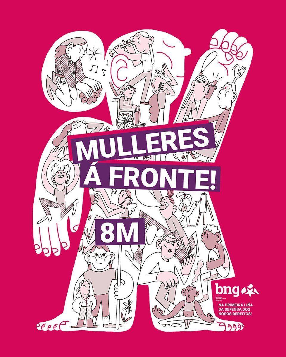 obloque's tweet photo. O feminismo é a idea radical que sostén que as mulleres somos persoas", dixo a gran Angela Davis. O feminismo transforma a sociedade, faina máis xusta, combate a discriminación. Hoxe, cando a dereita ataca os dereitos conseguidos, dicimos con claridade que non imos dar nin un paso atrás. MULLERES Á FRONTE! #8M