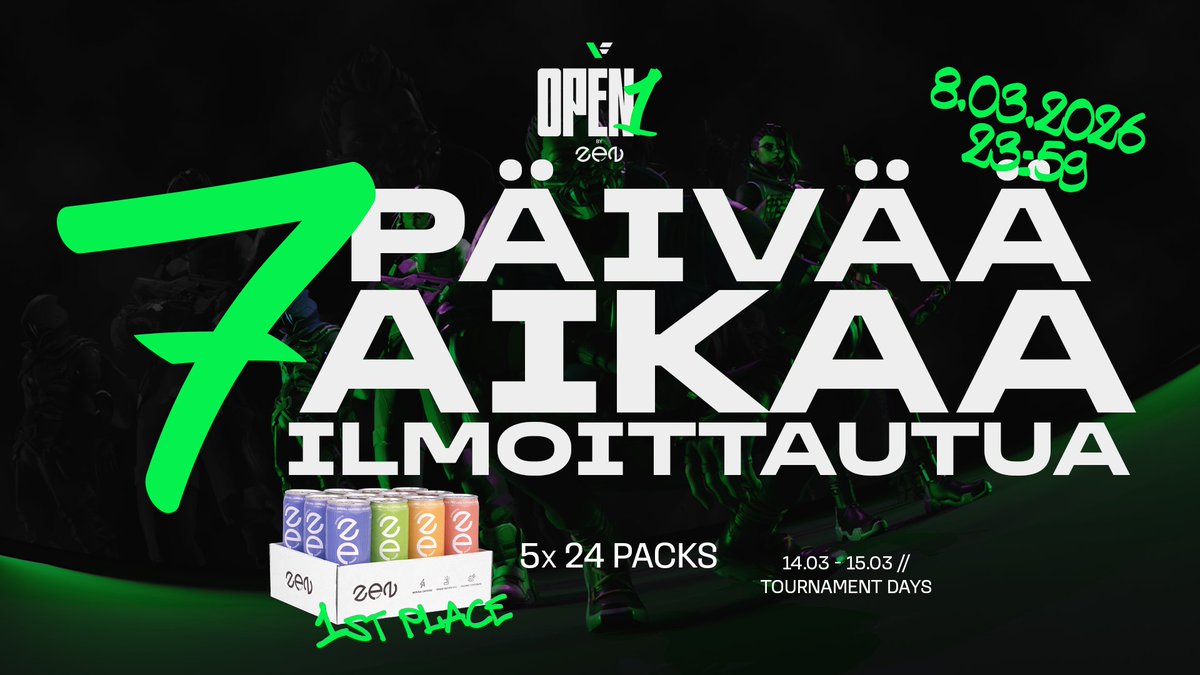 HUOMIO !!

VALORANT FINLAND x ZEN ENERGY Open 1 -turnaukseen on enää 7 päivää aikaa ilmoittautua 🙀
Siispä kokoa tiimi nopeasti kasaan, jos et sitä omista jo ja tule ilmoittautumaan! 💚
discord.gg/pwmMx2G

#esportsfi #VALORANT