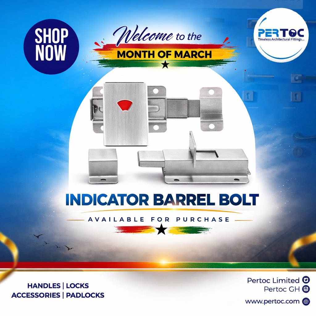 PertocLimited's tweet photo. Welcome to March 🇬🇭
Reliable washroom privacy starts with the right accessories
Indicator Barrel Bolt — clear display, secure lock.
#HappyNewMonth #GhanaMonth #WashroomPrivacy #WWEChamber #PropertyOfAllah https://t.co/11hFr5anCr