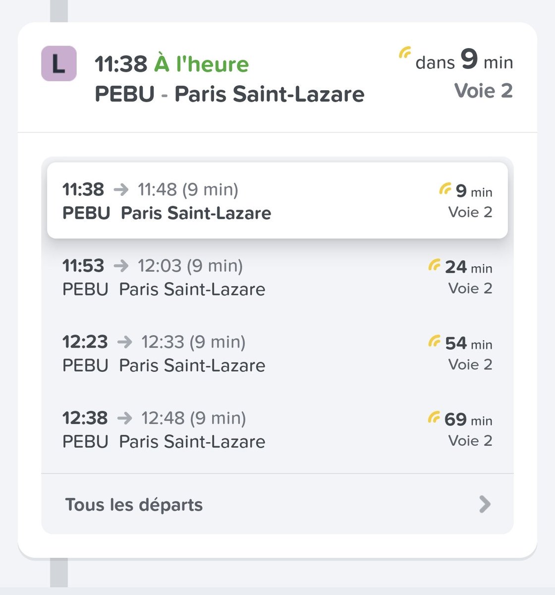 Bonjour <a href="/LIGNEL_sncf/">Ligne L</a>,
Il n'y a pas de trains entre Courbevoie Gare Saint-Lazare entre 11h53 et 12h23 ?
Donc trou de 30 minutes ? 
Ou il y a un train de prévu à 12h08 mais il n'est pas affiché ?
Merci d'avance,