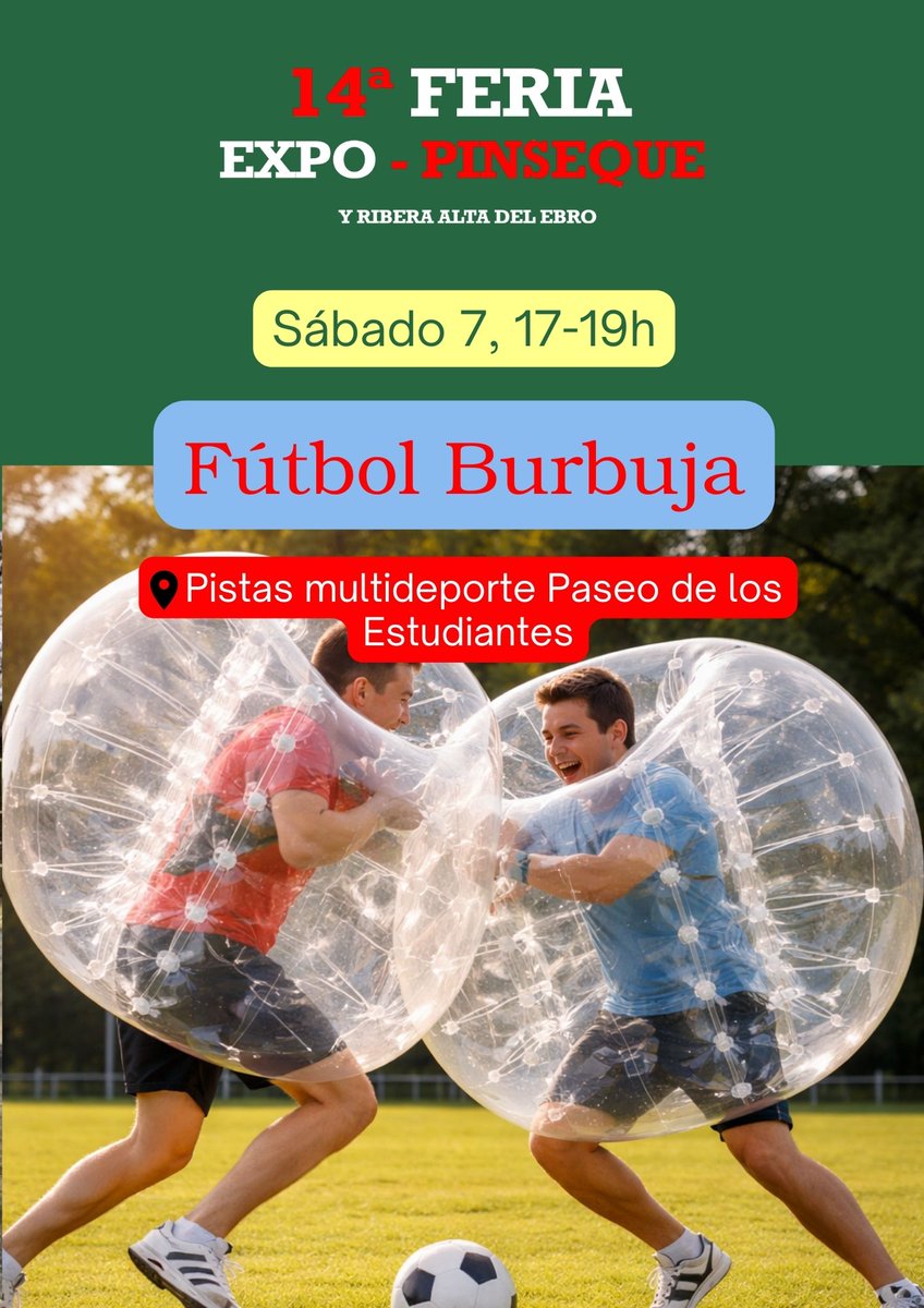 MAPSSferias's tweet photo. ¿Te imaginas jugar al fútbol dentro de una burbuja gigante? 😂⚽ Puedes probarlo el próximo sábado en Expo https://t.co/zfNCbeNAIK 17 a 19 h en las pistas multideporte del Paseo de los Estudiantes.

Diversión asegurada con el Servicio de Deportes Comarca Ribera Alta del Ebro https://t.co/uZVJiRlLMa