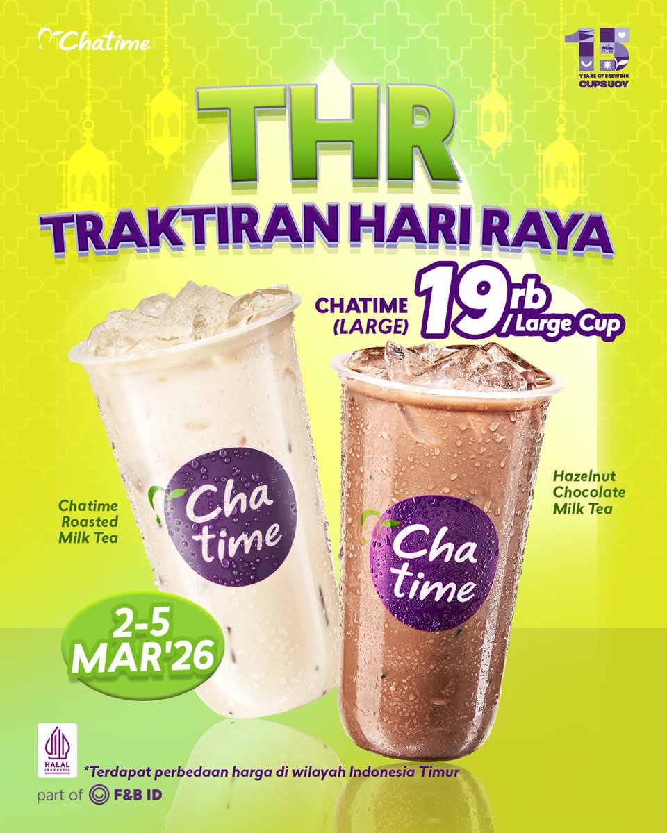 katalogpromosi's tweet image. Chatime Large cuma 19RB di THR Traktiran Hari Raya 🧋
Bisa pilih Roasted Milk Tea atau Hazelnut Chocolate Milk Tea, 

Berlaku 2–5 Mar’26 (ada beda harga di Indonesia Timur).

Cek detail lokasi dan ketentuannya di sini 👉 katalogpromosi.com/promo-chatime-…
#PromoRamadan #Chatime #THR