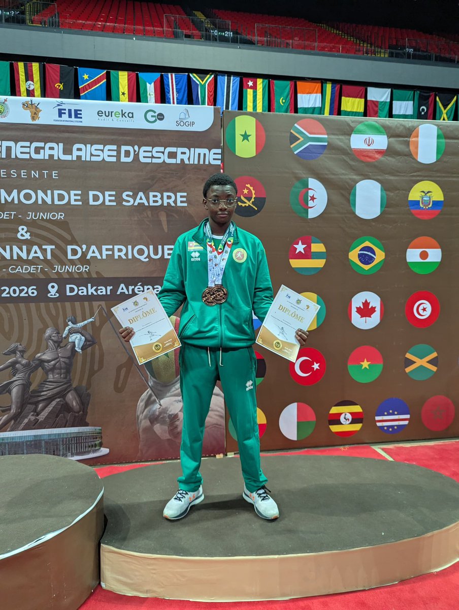 MinistereSports's tweet photo. #Championnats_dAfrique_dEscrime, #Dakar2026 | Le #Togo🇹🇬 remporte 3 médailles de bronze :

▶️🥉 pour #AROUNA_Ilan au sabre masculin, catégorie cadet.
▶️🥉🥉 pour #BADJO_Bryan au sabre et à l'épée, catégorie minime U15.

Bravo à nos pépites et à tout l’encadrement👏🏽👏🏽👏🏽

@GouvTg https://t.co/GOQM6vluIi