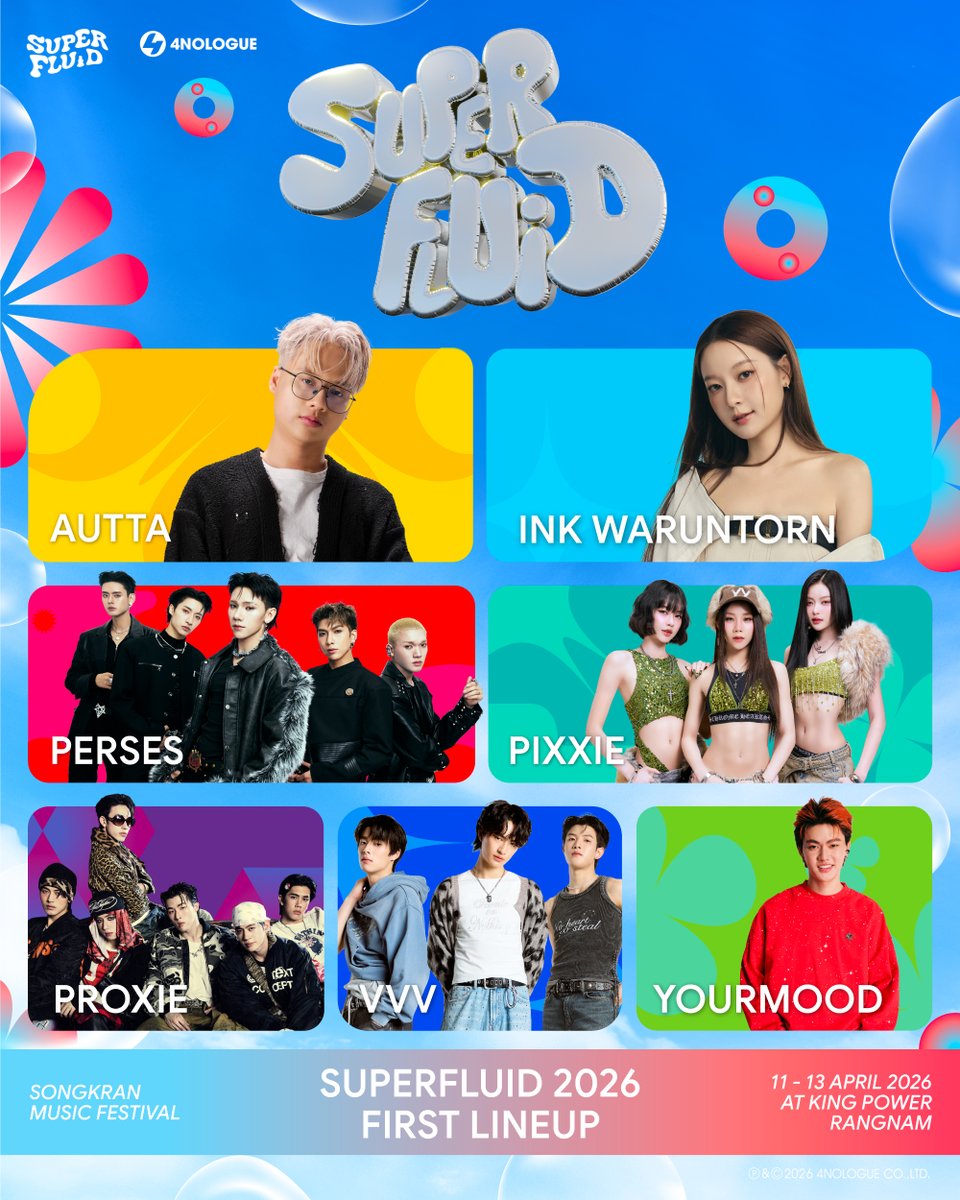 SUPERFLUID 2026 FIRST LINEUP 💦
รายชื่อศิลปินชุดแรกมาแล้วแบบไม่ให้ตั้งตัว 💥

LINEUP เซ็ตแรกเวทีก็แทบลุกเป็นไฟแล้ว 🔥
ซัมเมอร์นี้วอร์มเสียง วอร์มแรง เตรียมตัวเปียกให้พร้อม
ยังมีศิลปินมารอสาดความสนุกอีกเพียบ 

#SuperFluid
#SuperFluid2026
#4NOLOGUE
#ForPeopleForCulture
