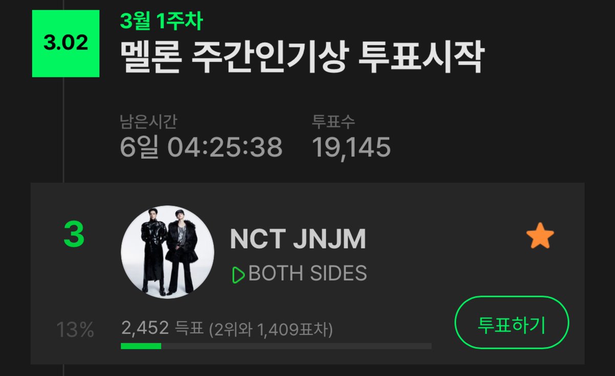 📢 멜론 주간인기상 투표 안내

🗓️ 투표 기간 : ~ 03.08 11:59PM

현재 멜론에서 주간인기상 투표가 진행 중입니다!
즈니💚여러분의 적극적인 투표 참여 부탁드립니다.

※ 이용권 보유 회원 : 1일 3회 투표 가능
※ 이용권 미보유 회원 : 1일 1회 투표 가능

🗳️ 투표 링크 : into.melon.com/share/weekawar…