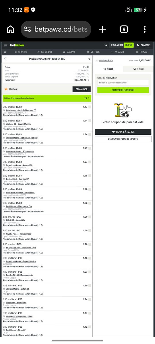 Christian_ilung's tweet photo. Un Bon PARIEUR c'est aussi un visionnaire. Les matchs prochains et lointains de champions League , premier League ,Liga , conférence league ont actuellement des côtes très élevées, au fur et à mesure que les gens jouent les côtes vont baisser.

Voici pour vous 24 matchs comprenant les matchs de champions League 8e des finale qui se joueront le 10 et le 11 mars , conférence league le 12 mars , premier League et liga se joueront le 14 et le 15 mars ...

Je n'ai pas compliqué les choses , je n'ai joué que les nombres des buts.

24 matchs de forte pression. 2 coupons magiques.
Voici les codes betpawa : 2SXD8LP et PKSKCA8

Côtes : 214 et 504

Assez suffisant pour devenir millionnaire les gars.
C'est notre occasion de braquer honnêtement le bookmaker betpawa