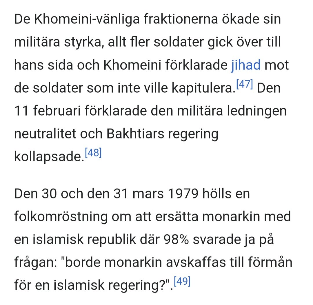 10nitton's tweet photo. @MagnusRanstorp @MarcusHernhag Ändå hälsades Khomeini med jubel. Alla kände till hans önskan om den islamiska staten. Han hade skrivit böcker där alla kunde läsa vad som väntade. Shahen var på väg att införa en liberal stat men prästerna övertalade folket. Deras lidande under dessa år är självpåtaget. https://t.co/U7QVnquhpS