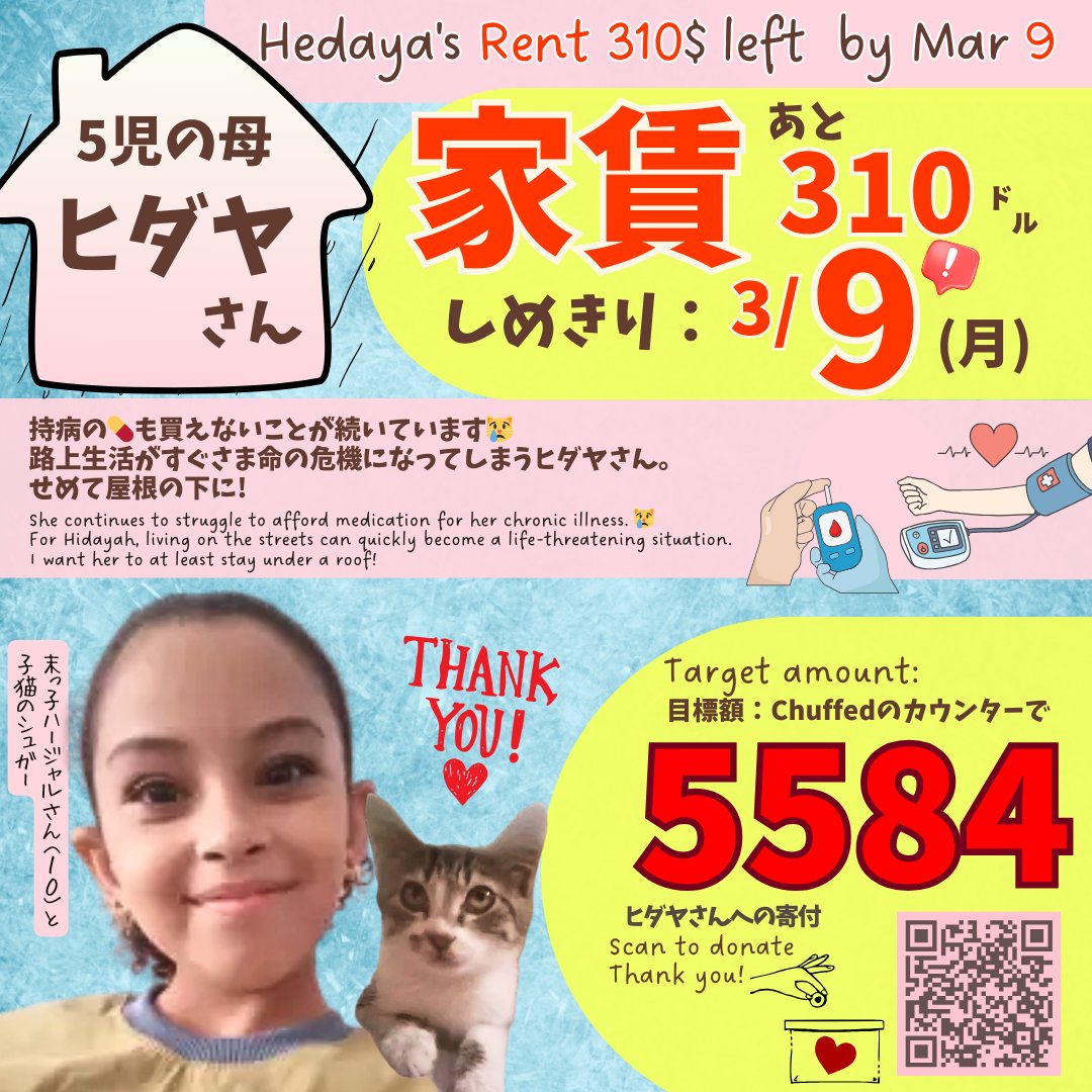 ガ🍉ザの６人家族のヒダヤさん
🏠️家賃 あと310 / 620ドル
きふサイトカウンター【5584】で到達
3/9まで

元の家は占領地域にあり帰れず、今は避難先で暮らしているヒダヤさん🌹  食費よりも医療費よりも家賃を優先で集めなければなりません。夫婦共に持病があって路上生活は即、命に関わるからです💔