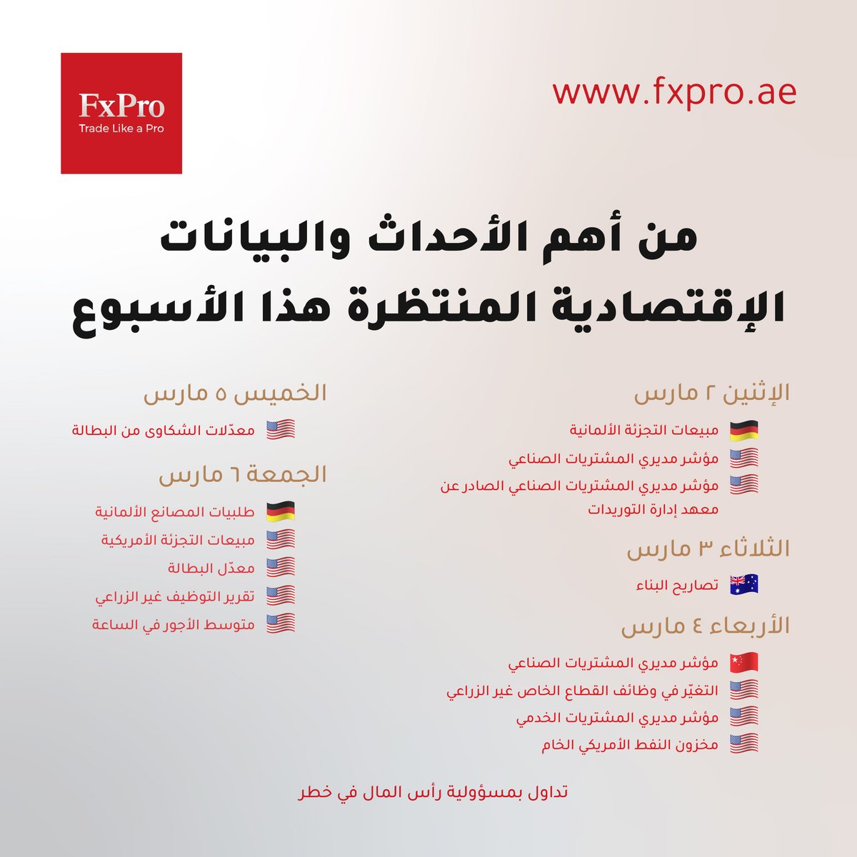 إليكم أهم الأحداث و البيانات الاقتصادية المنتظرة لهذا الأسبوع 👇
بتوقيت الرياض

الاثنين 02 مارس
🇩🇪 مبيعات التجزئة الألمانية ( 10h00 AM)
🇺🇸 مؤشر مديري المشتريات الصناعي ( 5h45 PM)
🇺🇸 مؤشر مديري المشتريات الصناعي الصادر عن معهد إدارة التوريدات ( 6h00 PM)

الثلاثاء 03 مارس
🇦🇺 تصاريح