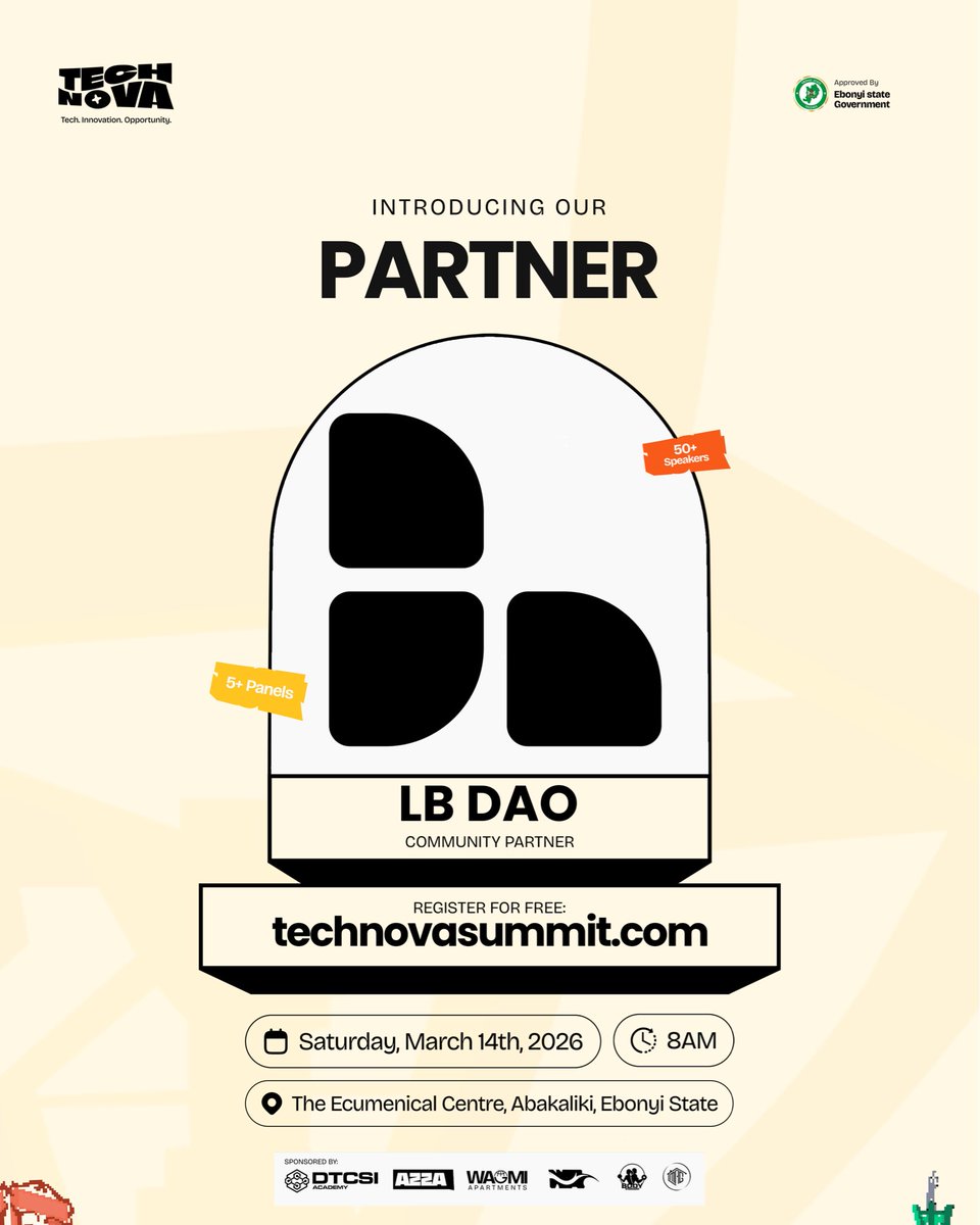 Start first▫️Build boldly

 <a href="/letsbuild_dao/">Let's Build DAO</a> is partnering with Technova 🥳

A community advancing Web3 adoption across Africa through on-chain tools, practical blockchain training, and hands on builder programs via Let’s Build Academy

They don’t just talk Web3. They build it
