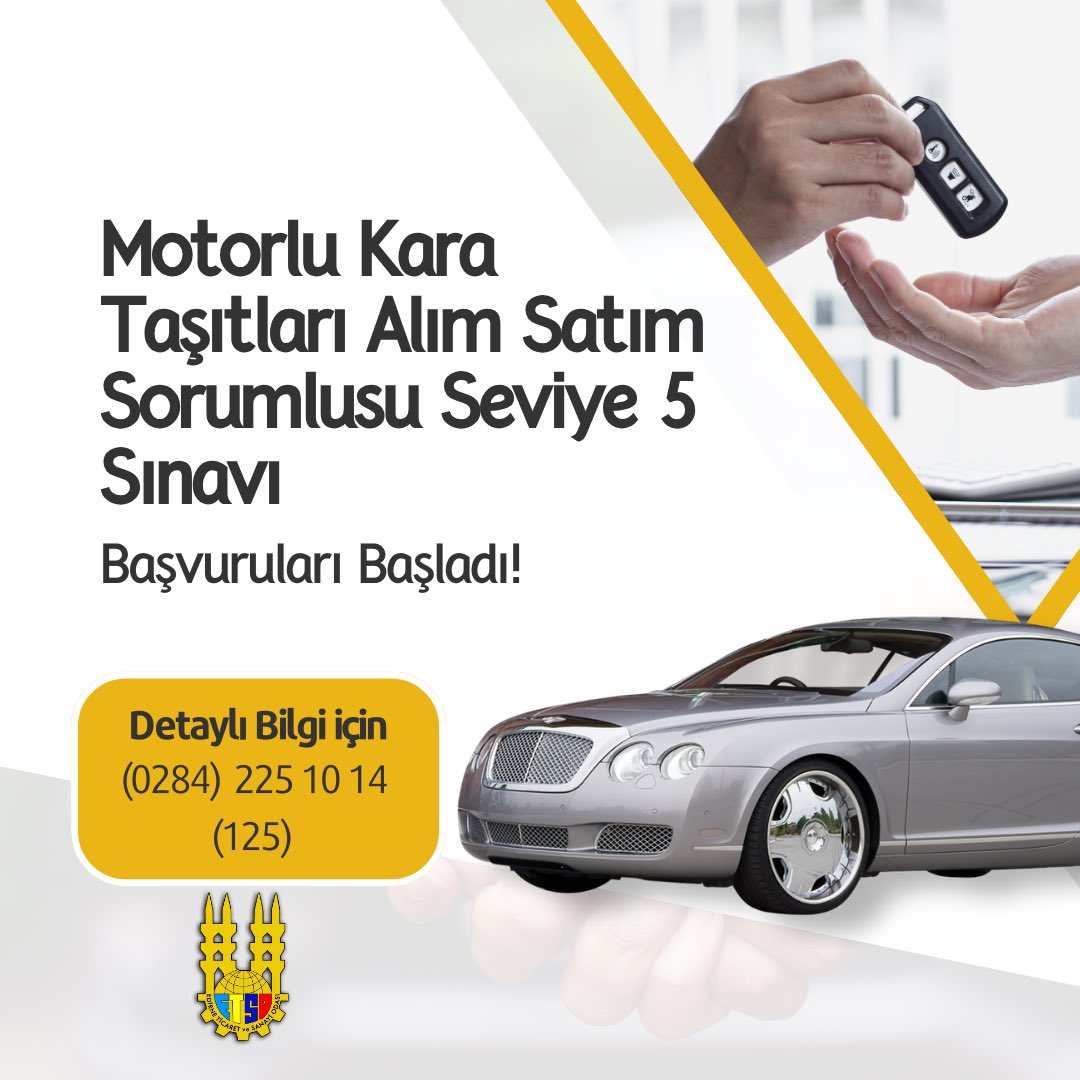Sayın Üyemiz,

Odamız ve Türkiye Odalar ve Borsalar Birliği MEYBEM A.Ş. iş birliğiyle düzenlenecek Motorlu Kara Taşıtları Alım Satım Sorumlusu Seviye 5 sınavı, Odamızda gerçekleştirilecektir.

İkinci el araç alım satımı yapan kişi ve işletmelerin temin etmesi gereken bu belge