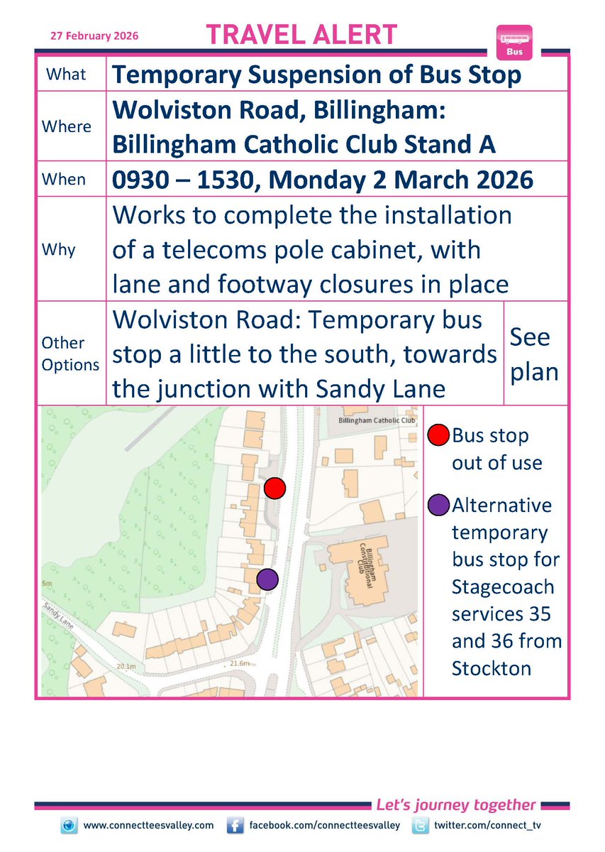 WOLVISTON ROAD, BILLINGHAM: Billingham Catholic Club A northbound bus stop closed 0930-1530 Mon 2 Mar. For Stagecoach 35 &amp; 36 from Stockton use temporary stop a little south, opposite Constitutional Club &amp; towards Sandy Lane. connectteesvalley.com/data/travelale… <a href="/stocktoncouncil/">Stockton-on-Tees Borough Council</a> <a href="/StagecoachNE/">Stagecoach NorthEast</a>
