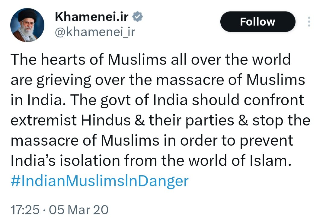 The first casualty of Delhi riots was Ratan Lal.

Did you know how Dilbar Negi was killed? His limbs (arms &amp; legs) were chopped off with a sword and he was set ablaze.

Yet Khamenei had the audacity to blame only Hindus and label them extremists over Delhi riots, while his own