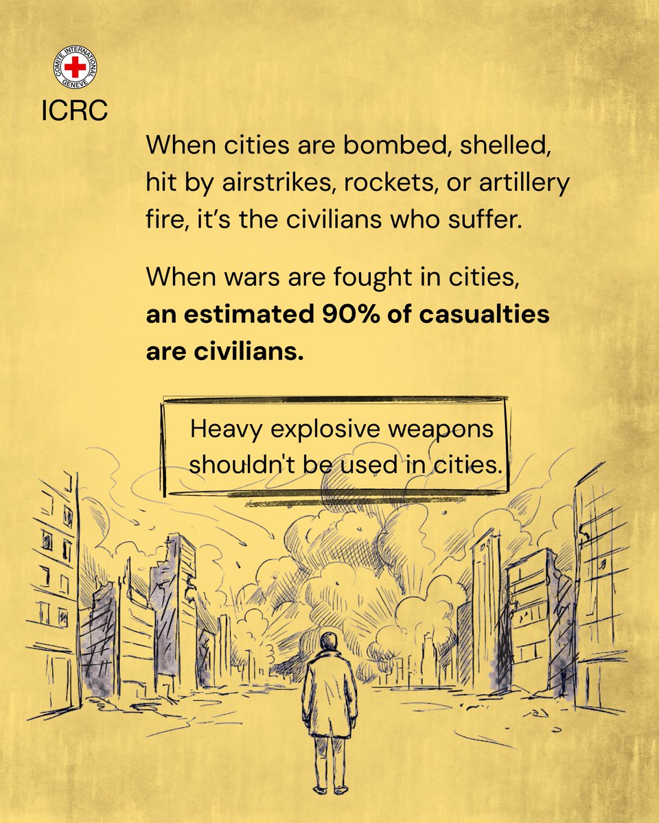 ICRC_lb's tweet image. When #wars are fought in cities, an estimated 90% of casualties are #civilians.

Homes without families.
Schools without students.
Patients without medicines.
Hospitals without electricity.
Neighborhoods without people.
Heavy #ExplosiveWeapons shouldn't be used in cities.