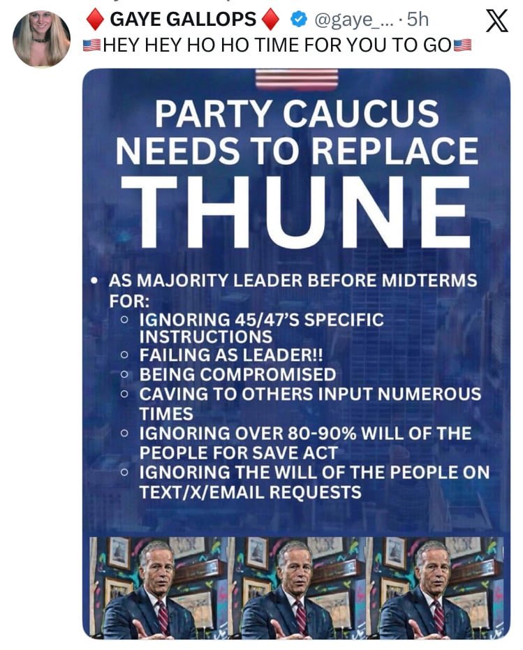 🚨🚨🚨 DID YOU KNOW THE REPUBLICANS IN THE SENATE CAN REPLACE THUNE AS THEIR LEADER IN JUST A FEW DAYS.🚨🚨🚨 

Its actually very easy.

1. If at least 5 sENATE republicans (and I was wrong earlier, I said 8) request a special meeting THEN party leaders have to schedule it.

2.