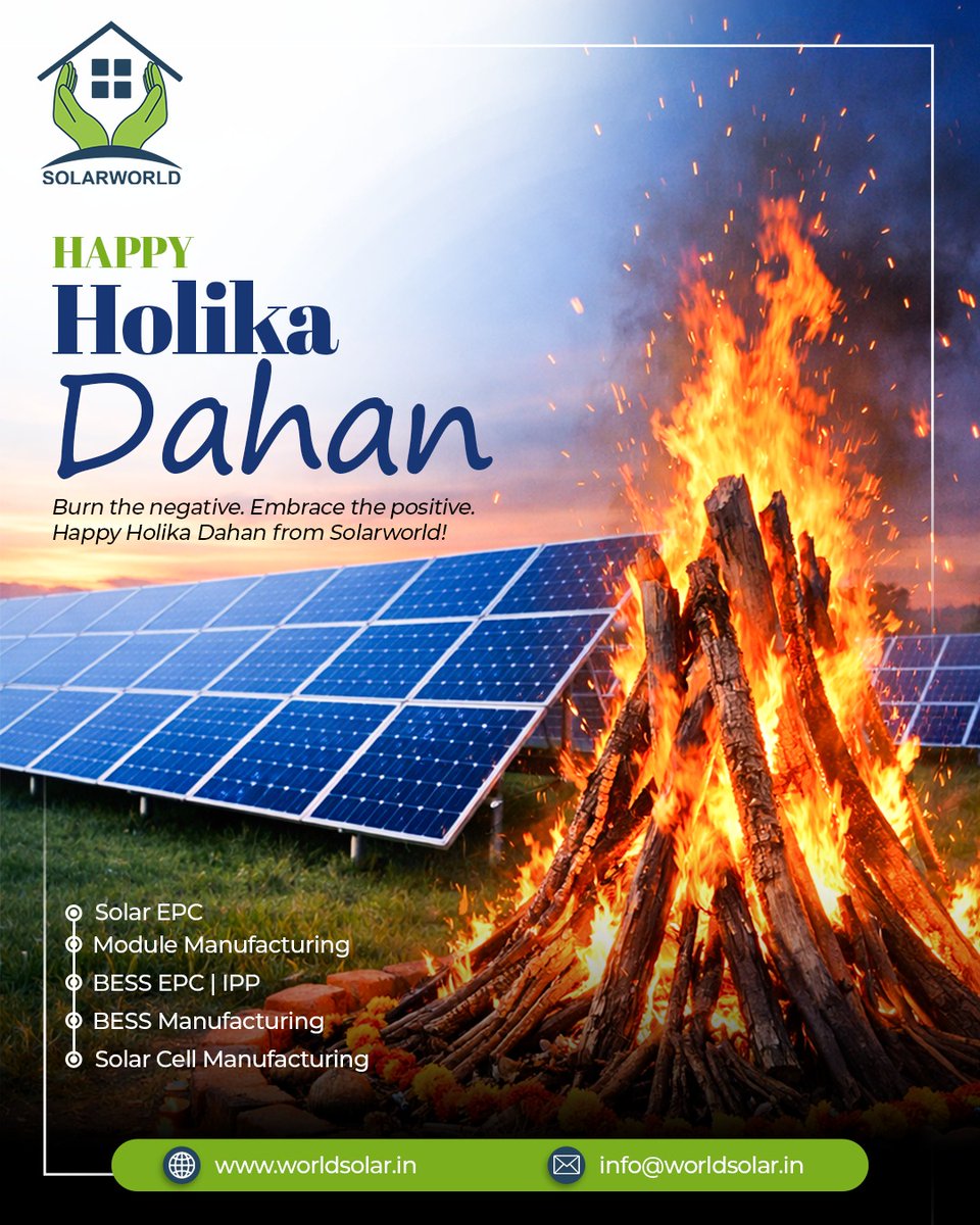 Solarworlden's tweet image. Burn the negative. Embrace the positive." 🌿

This Holika Dahan, Solarworld Energy Solutions celebrates the spirit of purity and progress. From Solar EPC to advanced BESS manufacturing, we are lighting up a brighter, greener tomorrow for everyone.

#Solarworld #GreenEnergy