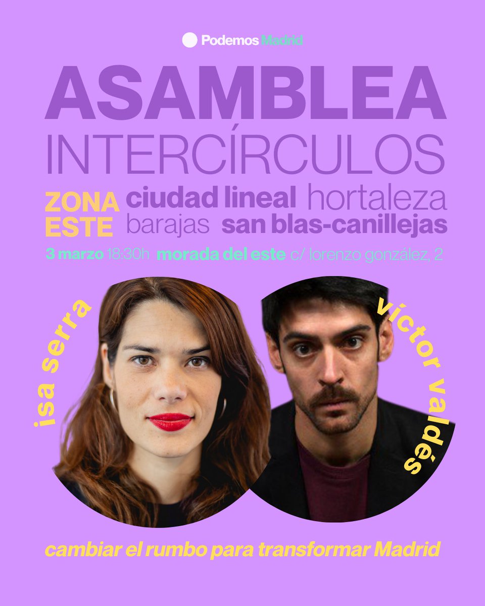 Barrio a barrio, lucha a lucha, círculo a círculo.

Mañana nos vemos en La Morada del Este en la ruta para escuchar, debatir y continuar hacia 2027. Hay partido, hay proyecto, a por ello.

Cambiar el rumbo para transformar Madrid 🚩