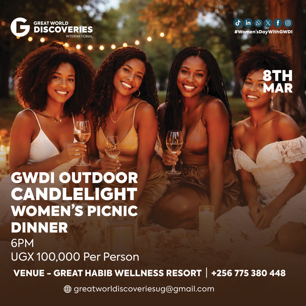 Let’s celebrate womanhood, build genuine connections, motivate one another and create unforgettable memories in a warm and beautiful setting on 8th March starting 6PM
Venue <a href="/GreatHWResort/">Great Habib Wellness Resort</a>
Fee: UGX 100,000 per person. It’s our night ladies.#WomensDayWithGWDI